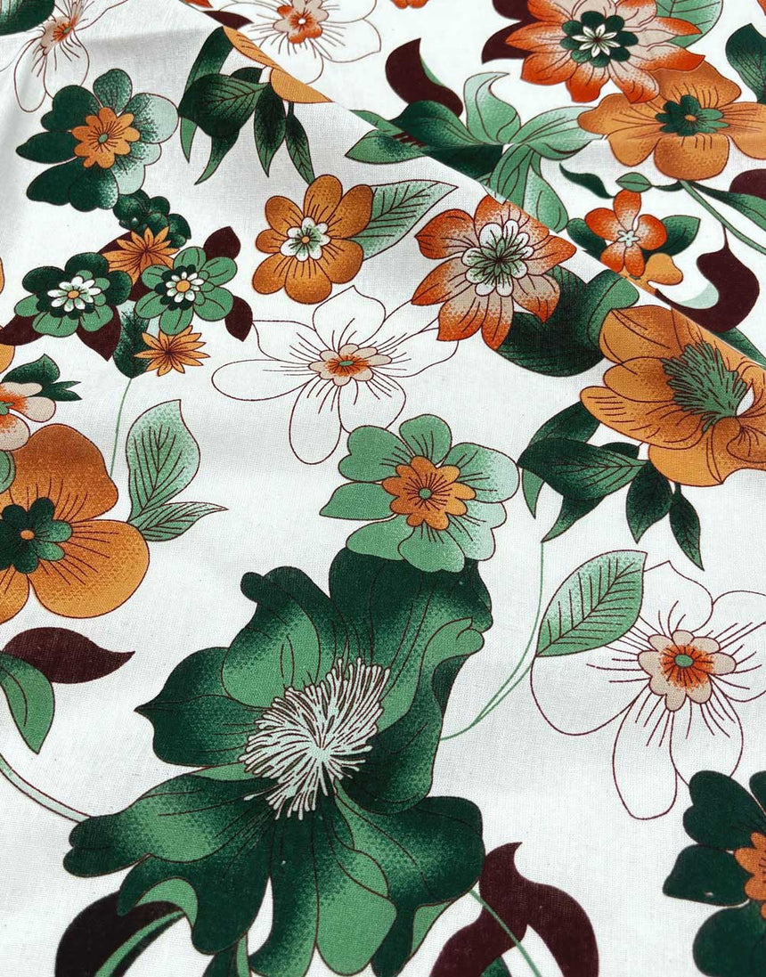 Orange Hibiscus Linen Look Cotton Fabric