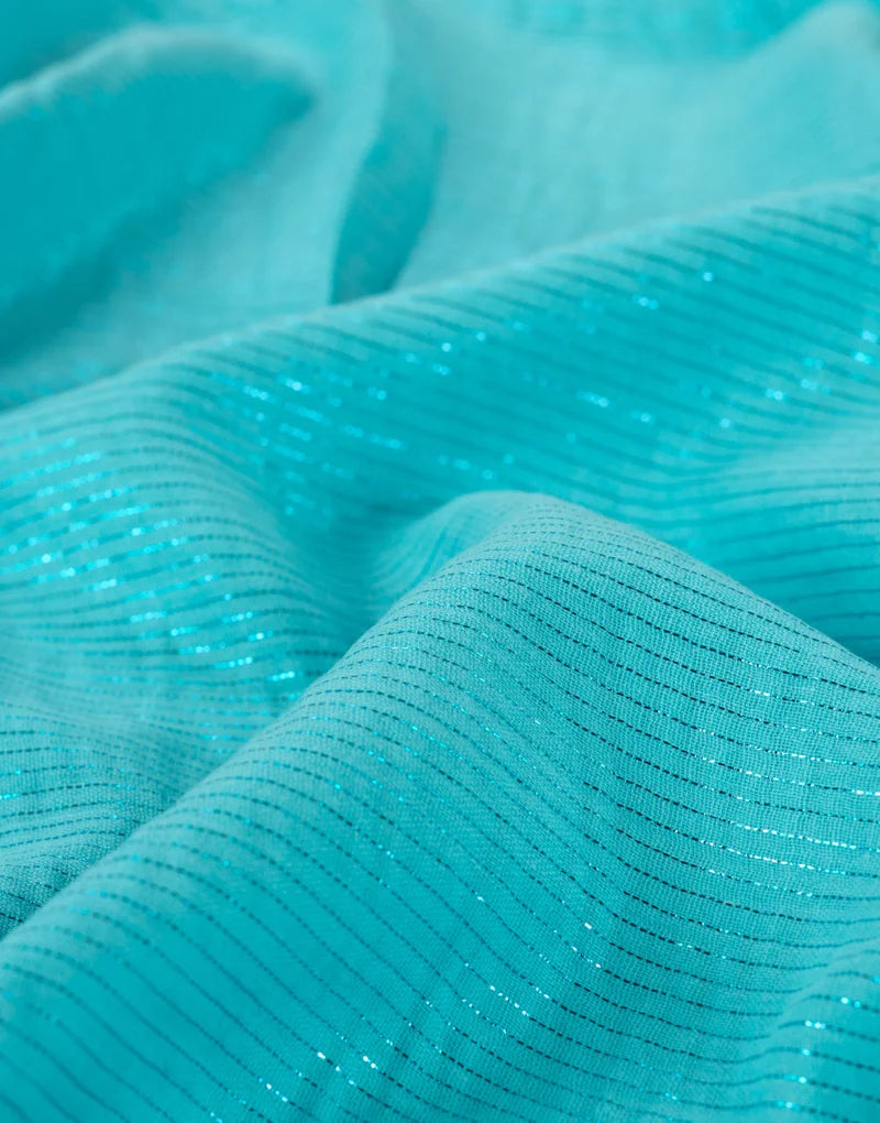 Remnant 60cm - Turquoise Metallic Stripe Cotton Muslin Fabric
