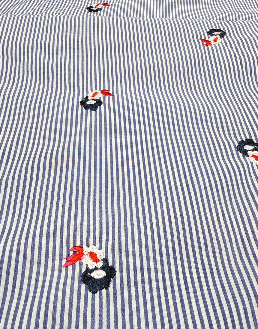 Blue Pinstripe Embroidered Floral Cotton Fabric