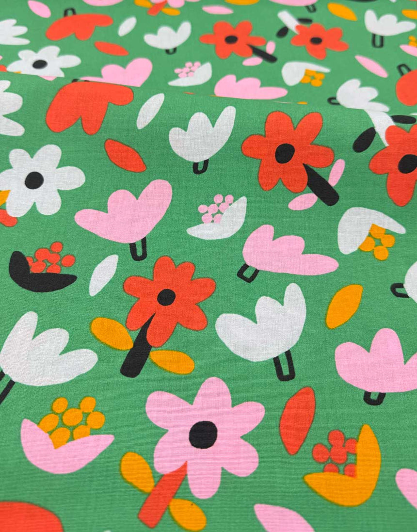 Green Petite Fleurs Organic Cotton Poplin Fabric, Jennifer Bouron