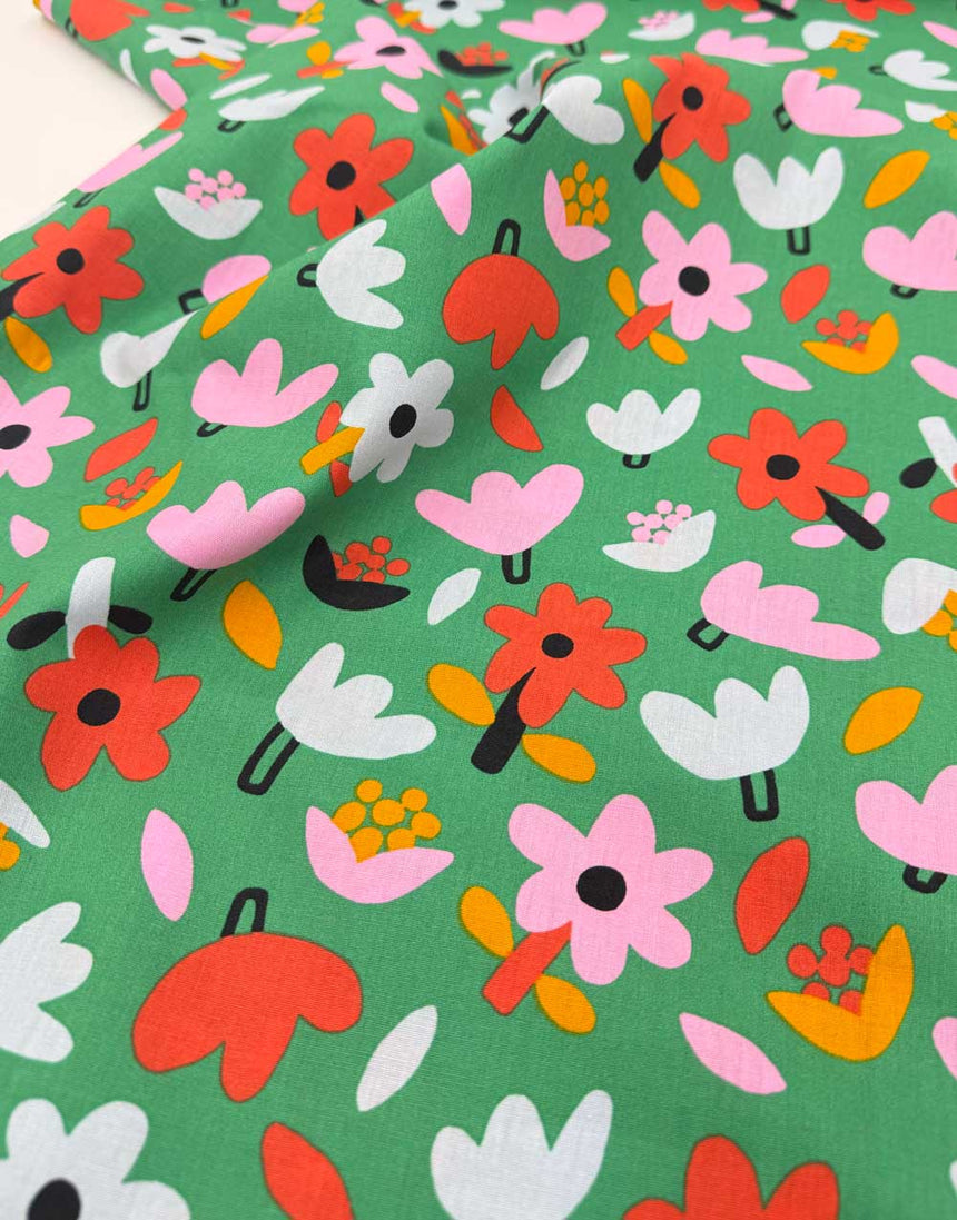 Green Petite Fleurs Organic Cotton Poplin Fabric, Jennifer Bouron