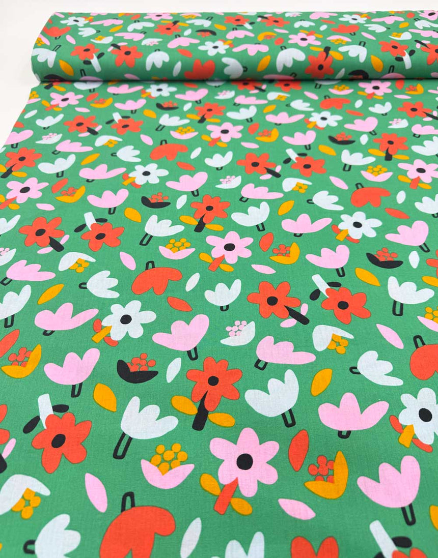 Green Petite Fleurs Organic Cotton Poplin Fabric, Jennifer Bouron