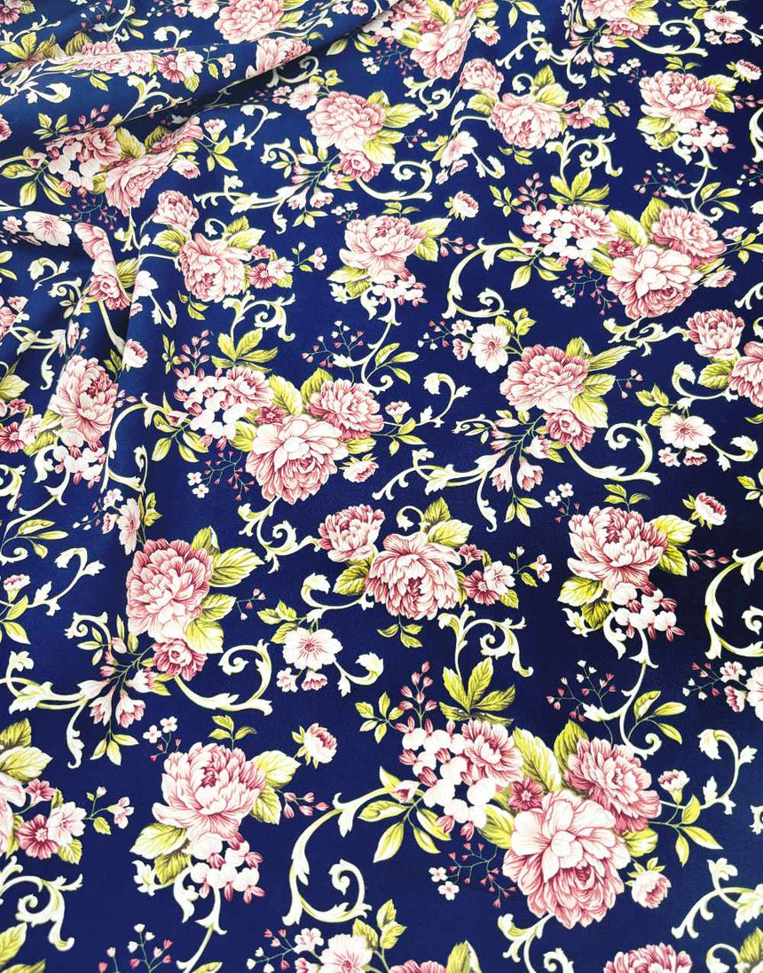 Large Floral Navy & Pink Cotton Poplin Fabric