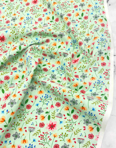 Not Specified Cotton Poplin Green / Floral Petal Flowers on Aqua Cotton Poplin Fabric 15058