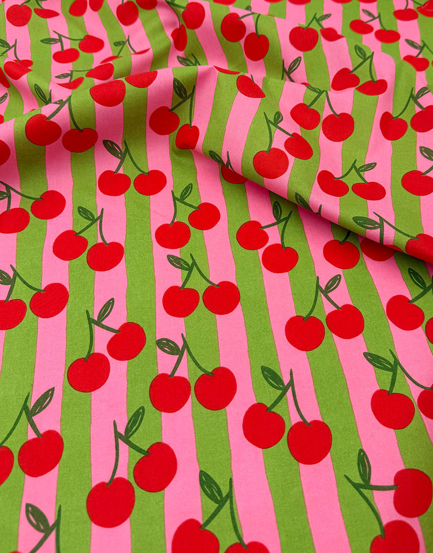 Pink Striped Cherry Cotton Poplin Fabric