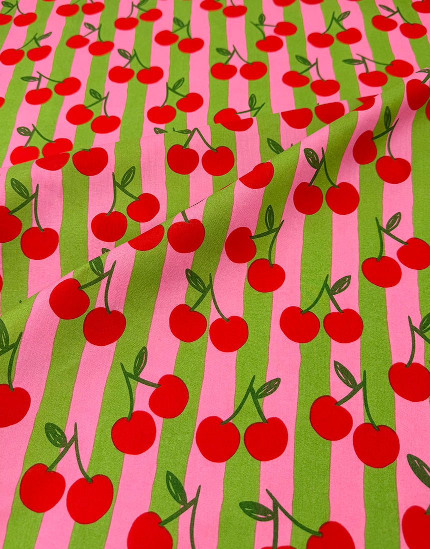 Pink Striped Cherry Cotton Poplin Fabric