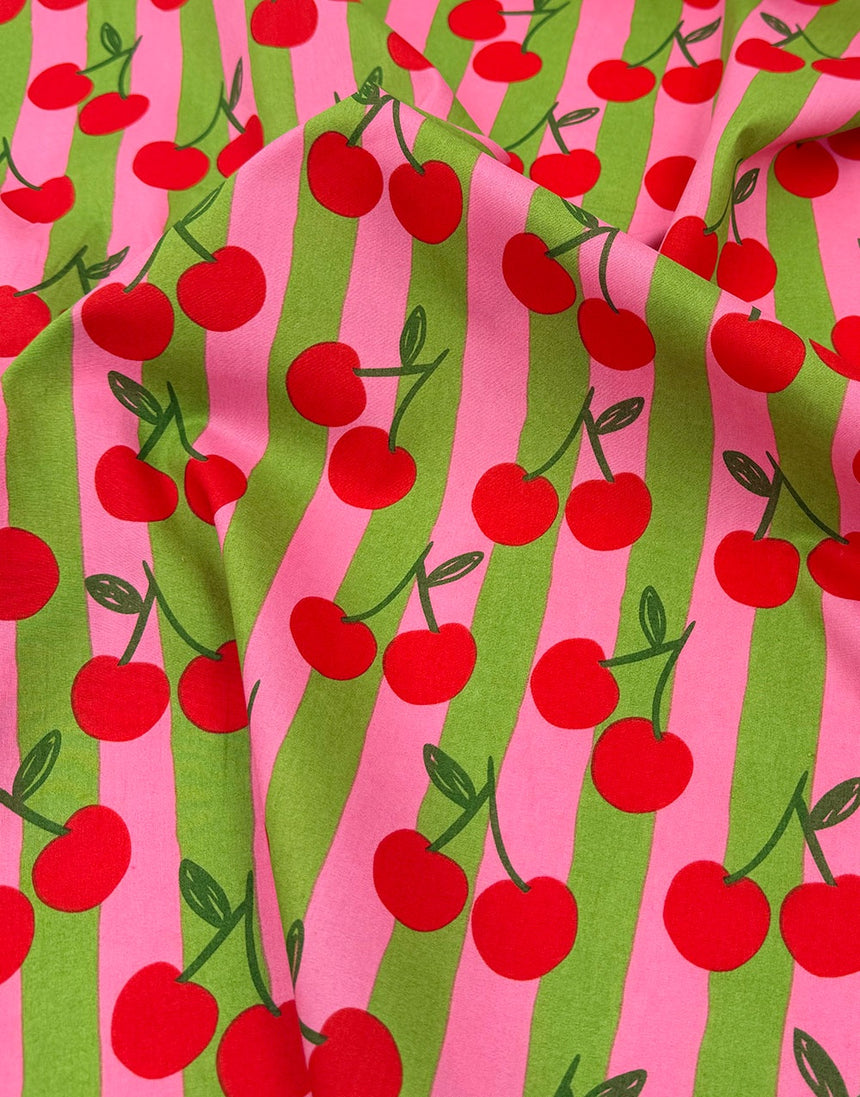 Pink Striped Cherry Cotton Poplin Fabric