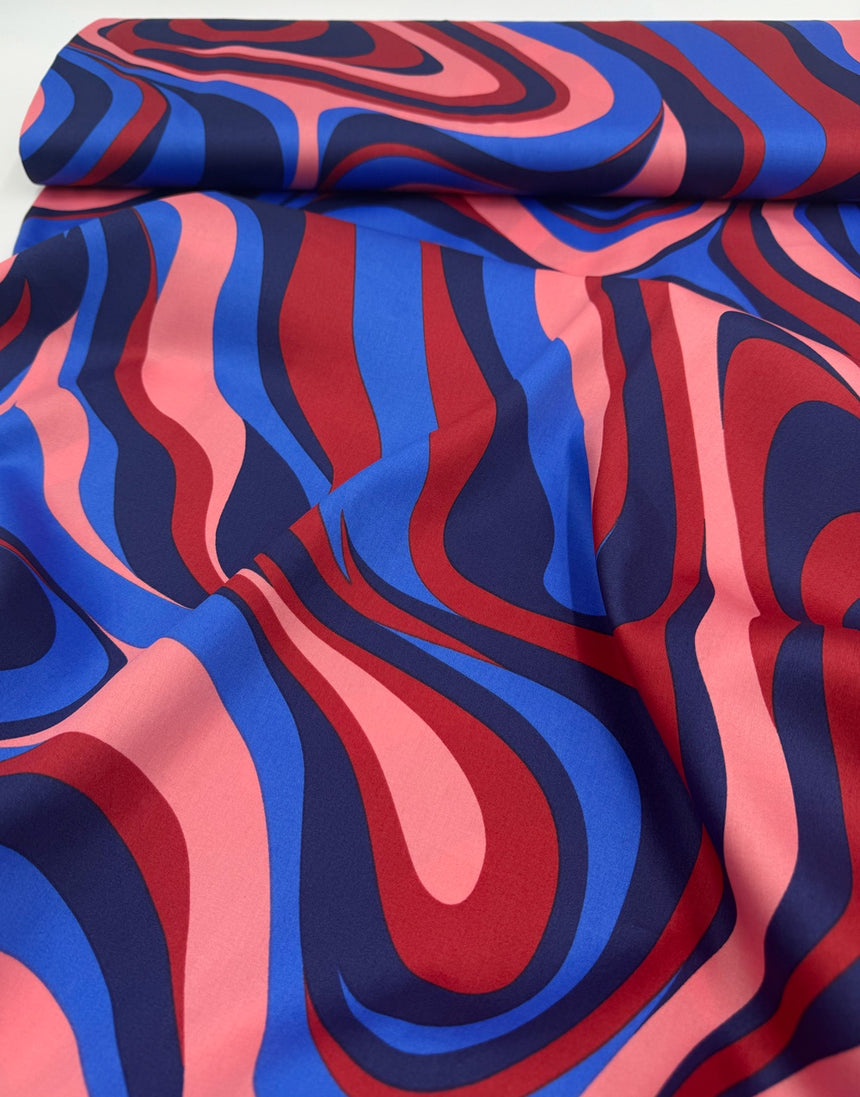 Red & Blue Waves Cotton SateenFabric
