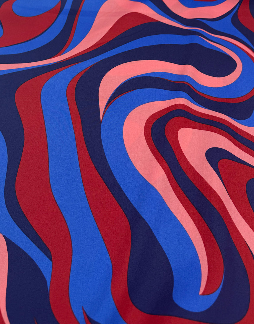 Red & Blue Waves Cotton SateenFabric