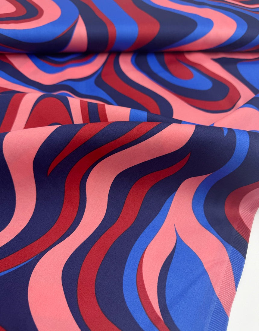 Red & Blue Waves Cotton SateenFabric