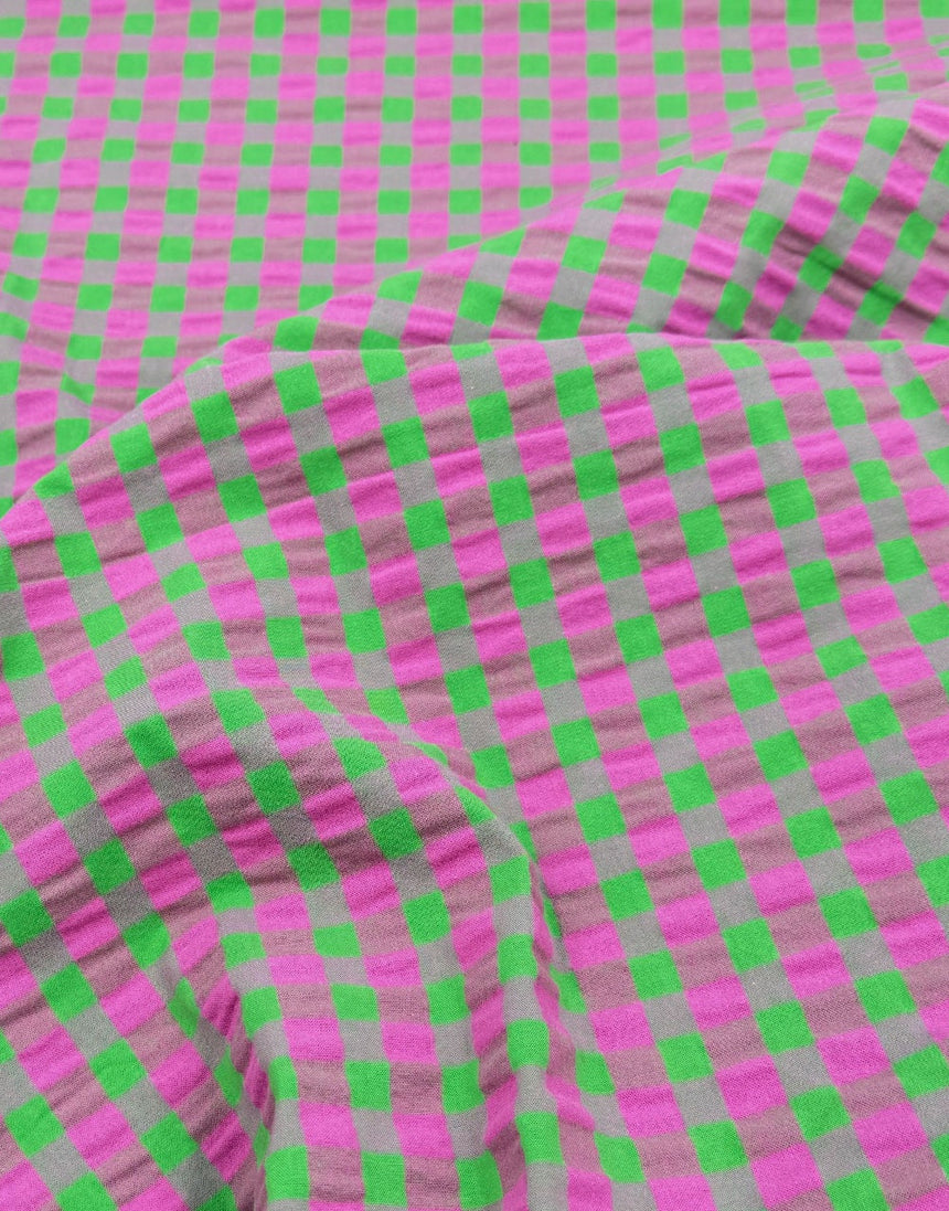 Candy Pink & Lime Seersucker Gingham Cotton Fabric