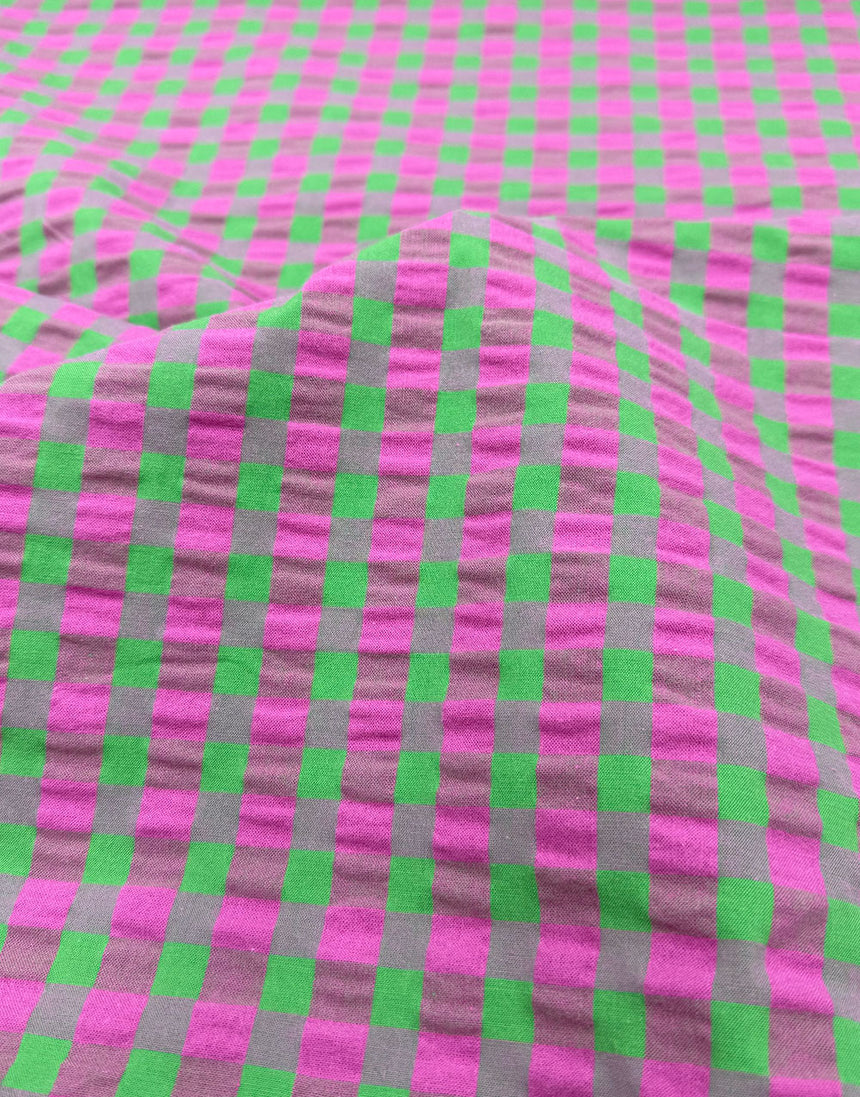 Candy Pink & Lime Seersucker Gingham Cotton Fabric