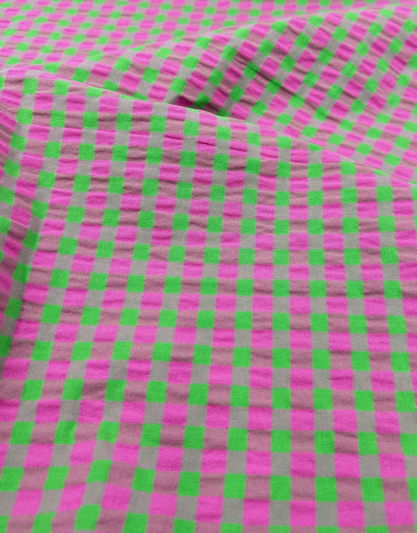 Candy Pink & Lime Seersucker Gingham Cotton Fabric