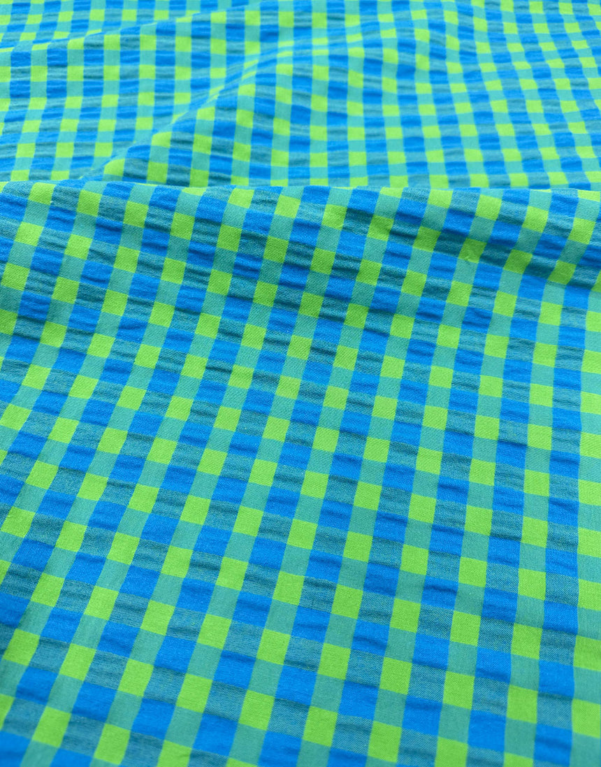 Electric Blue & Lime Seersucker Gingham Cotton Fabric