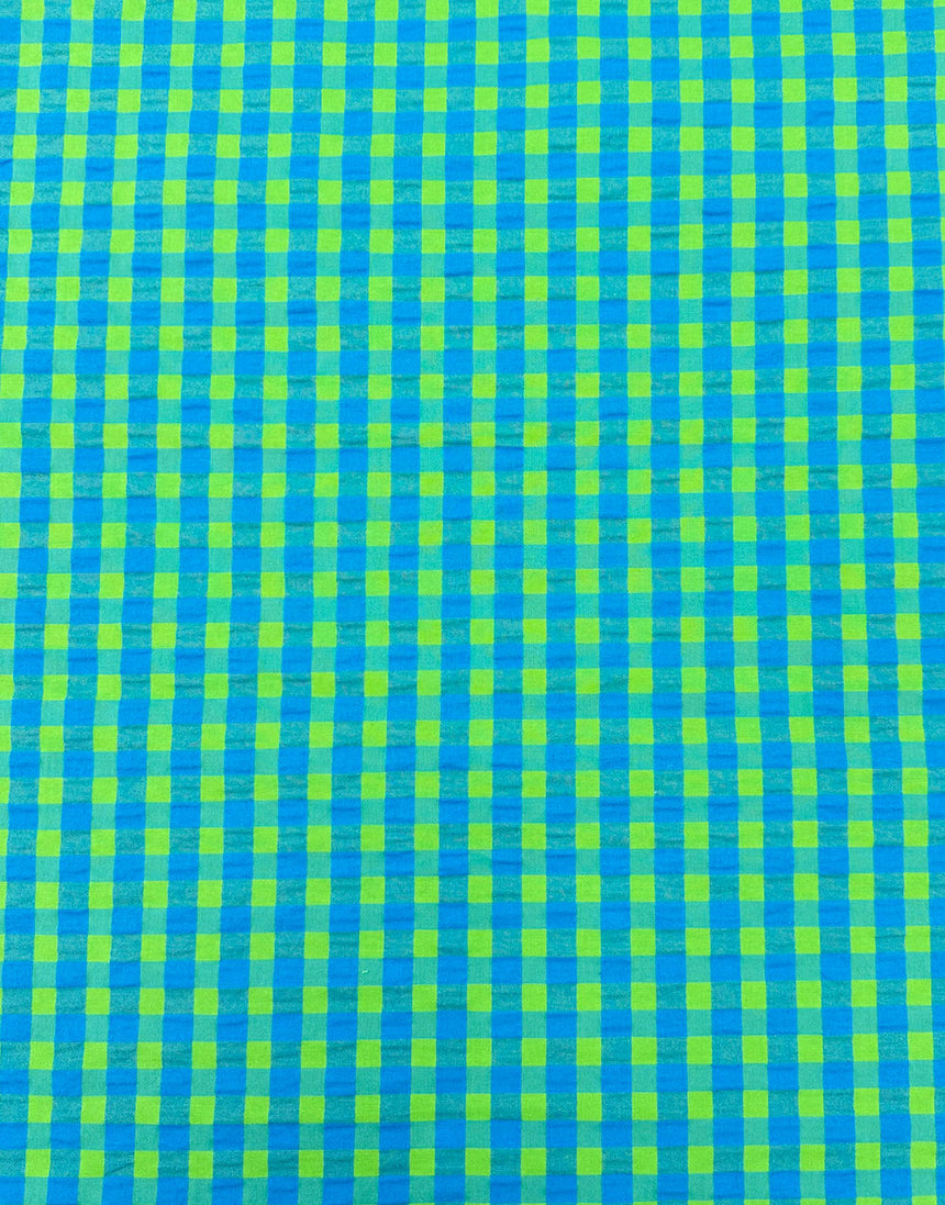 Electric Blue & Lime Seersucker Gingham Cotton Fabric