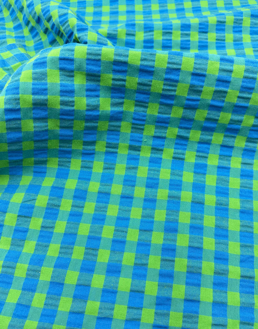 Electric Blue & Lime Seersucker Gingham Cotton Fabric