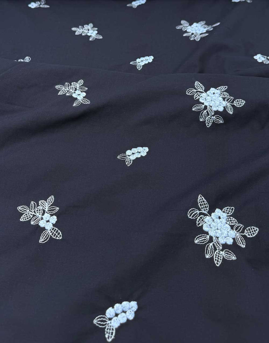 Midnight Sprig Embroidered Cotton Voile Fabric