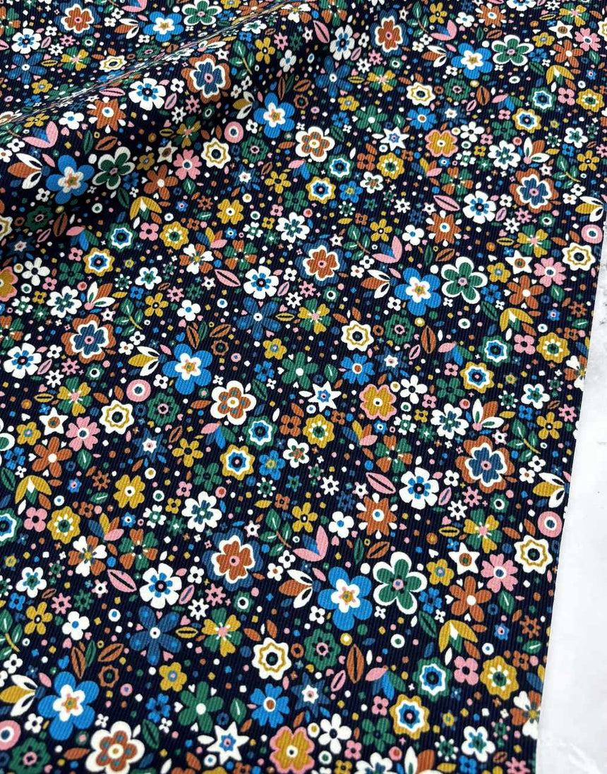 Midnight Small Florali Cotton Needlecord Fabric, Dashwood Studio