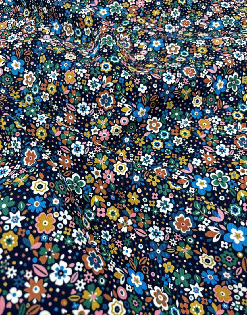 Midnight Small Florali Cotton Needlecord Fabric, Dashwood Studio