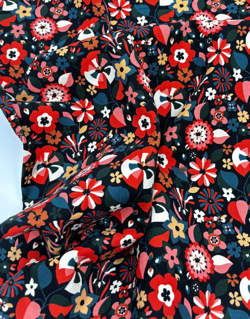 Flame Florali Cotton Needlecord Fabric, Dashwood Studio