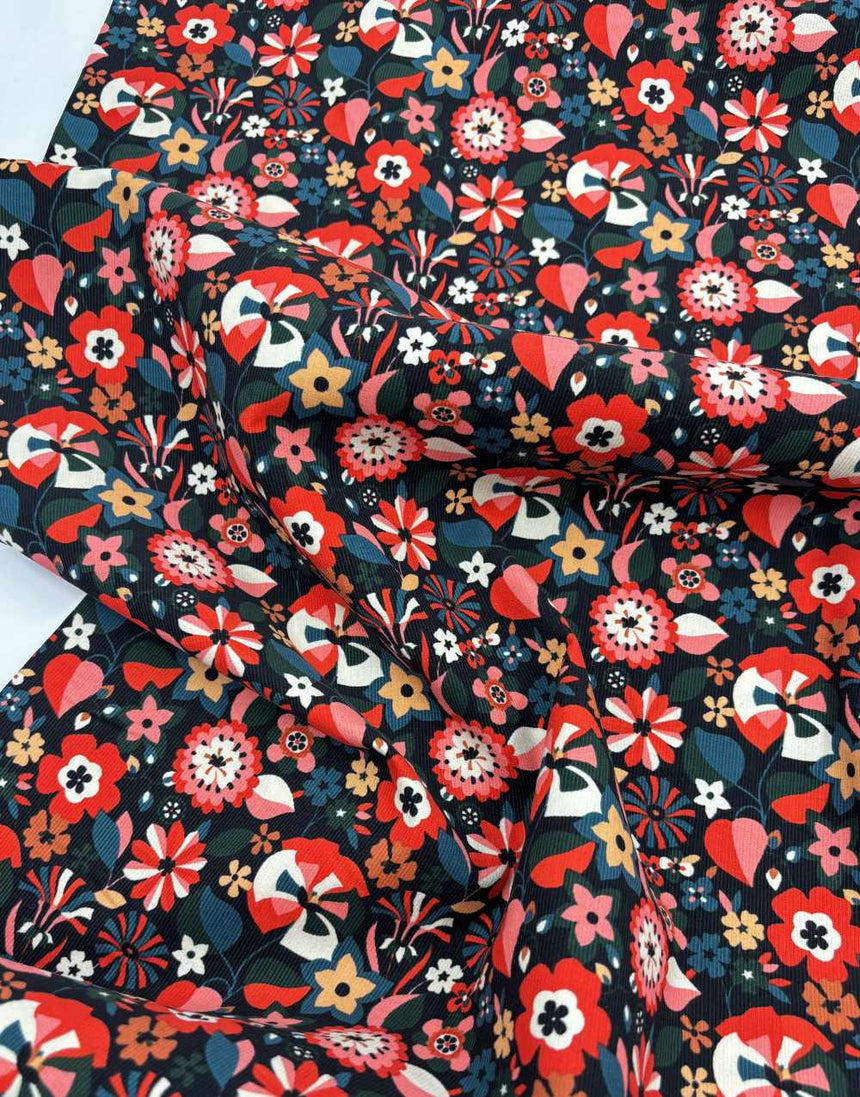 Flame Florali Cotton Needlecord Fabric, Dashwood Studio