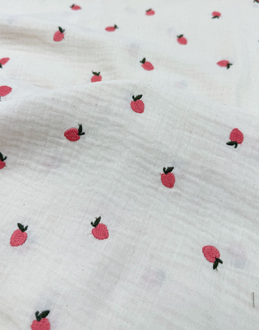 Remnant 1m - Berry Embroidered Double Gauze Fabric