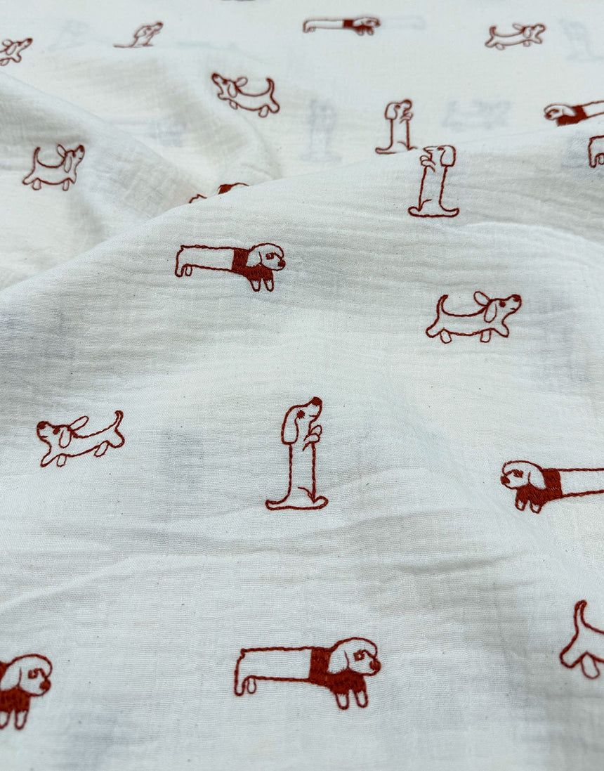 Sausage Dog Parade Embroidered Double Gauze Fabric