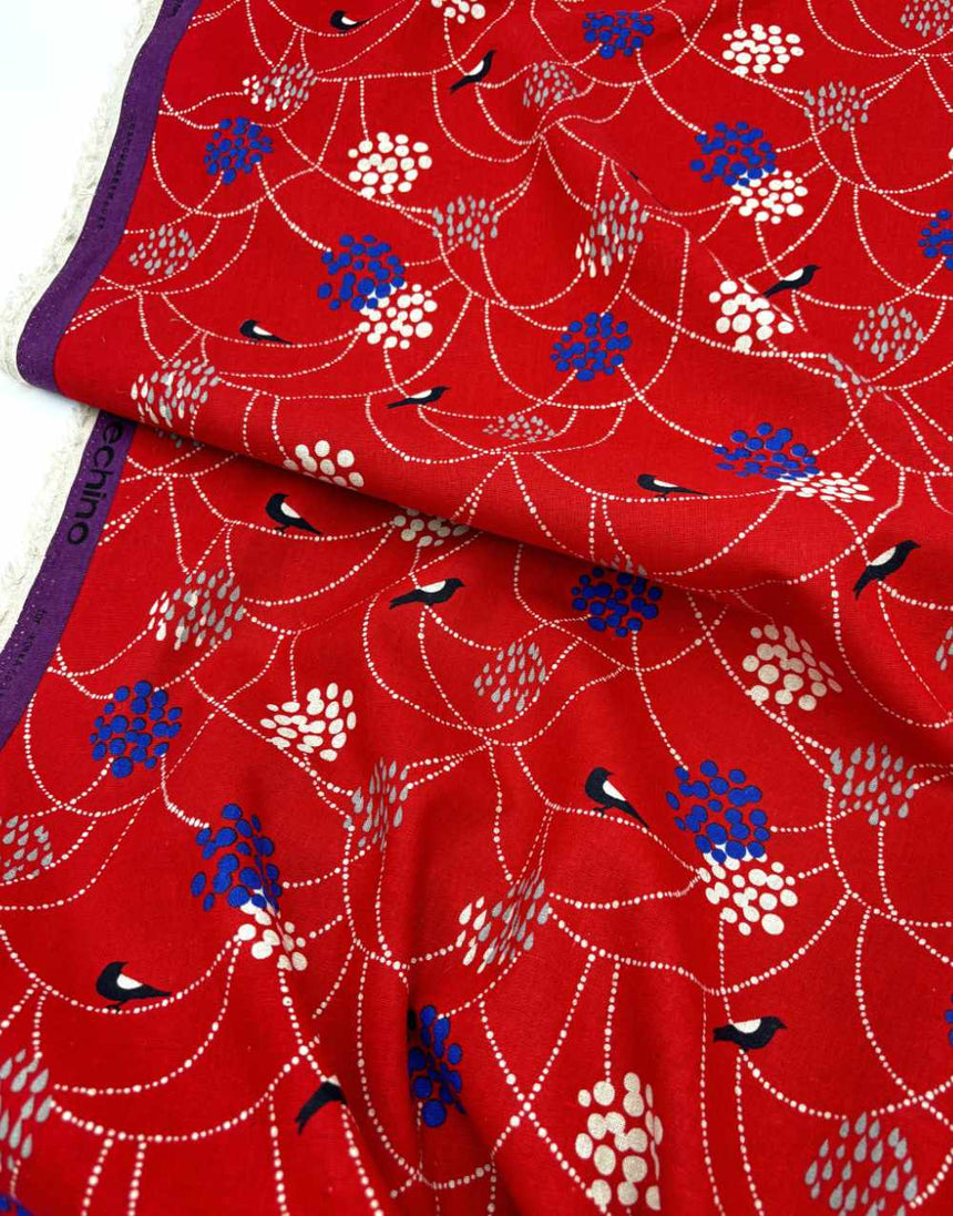 Red Bird to Hang Japanese Cotton Linen Fabric, Echino