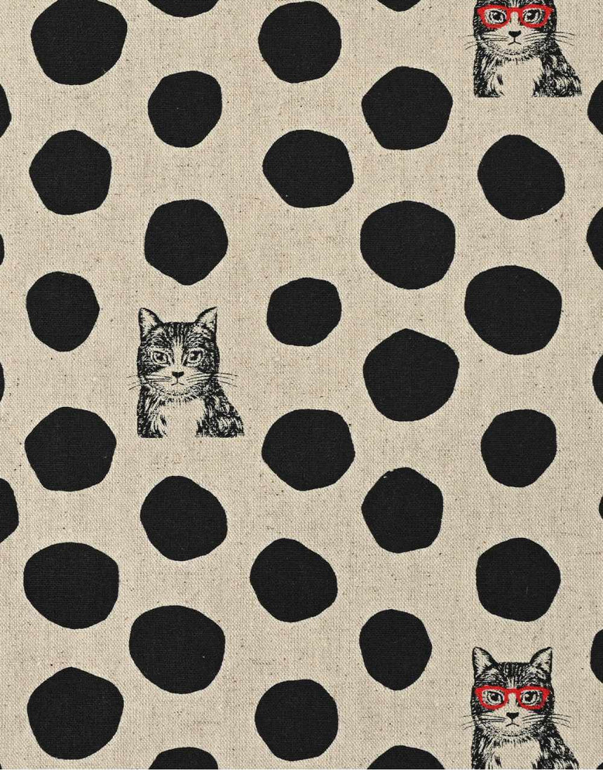 Black & Natural NekoNoe Cat Dot Japanese Cotton Linen Fabric, Echino