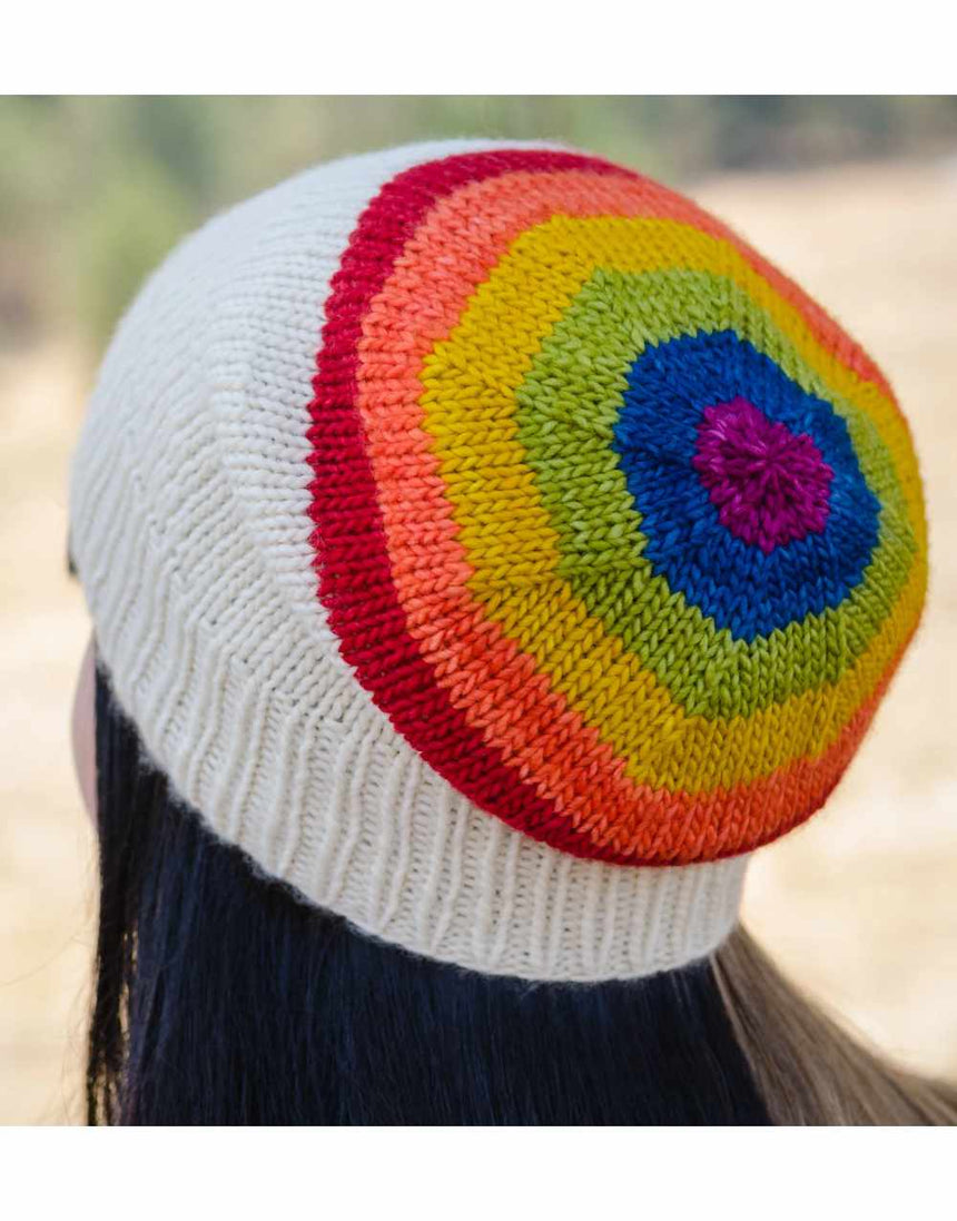 Rainbow Paint Dip Hat Aran Knitting Pattern, eM Knits