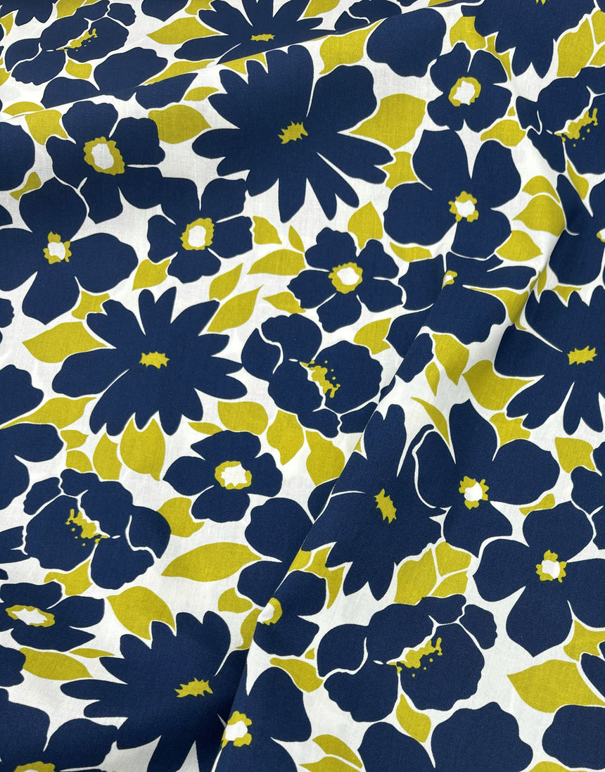 Navy Bold Flower Print Cotton Poplin Fabric