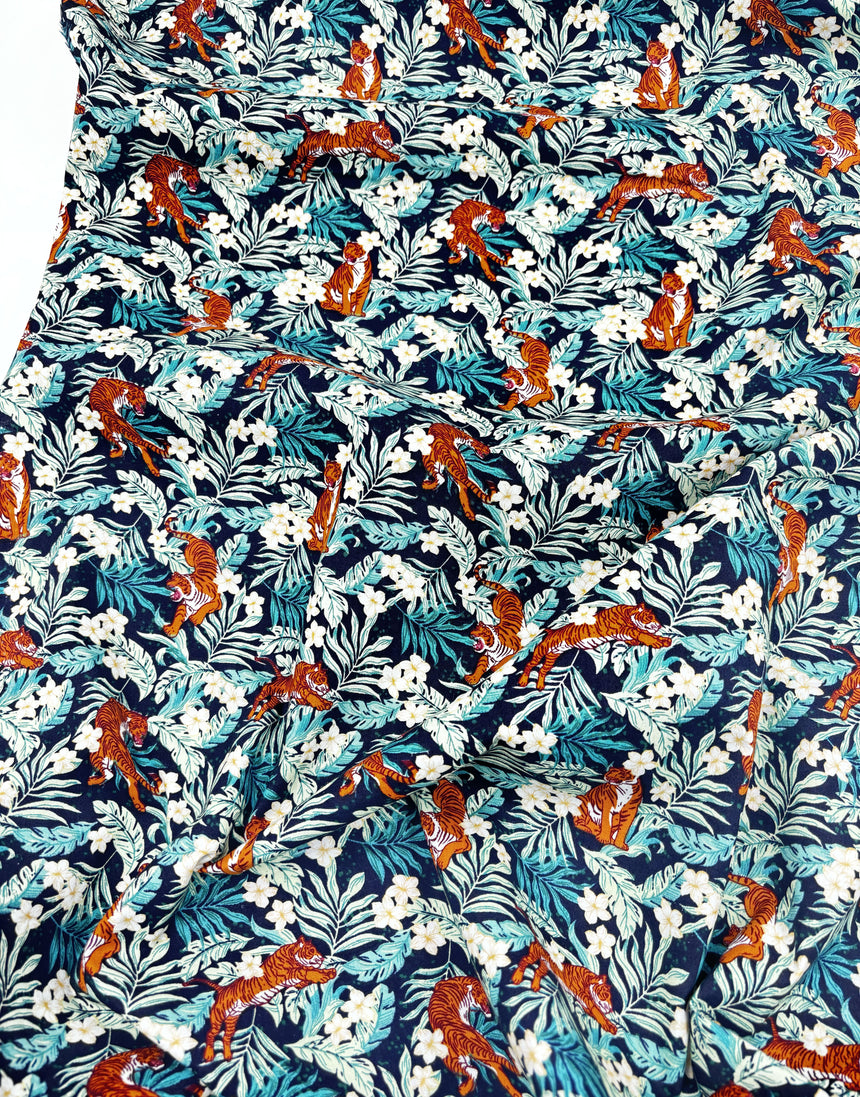 Tiger Jungle on Black Cotton Poplin Fabric