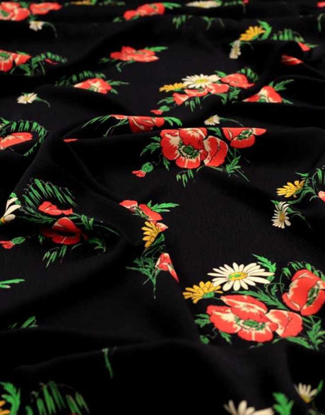 Fabric Godmother Viscose Black / Floral Black Poppy Floral Viscose Crepe Fabric 15923