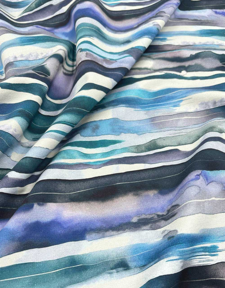 Blue Watercolour Stripe French Terry Fabric