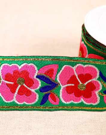 Not Specified Jacquard Ribbon Green / 50mm Flowers Jacquard Ribbon Trim 50mm 15836