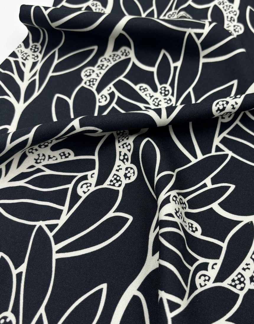 Black & Cream Leafscape Light & Lush Viscose Fabric