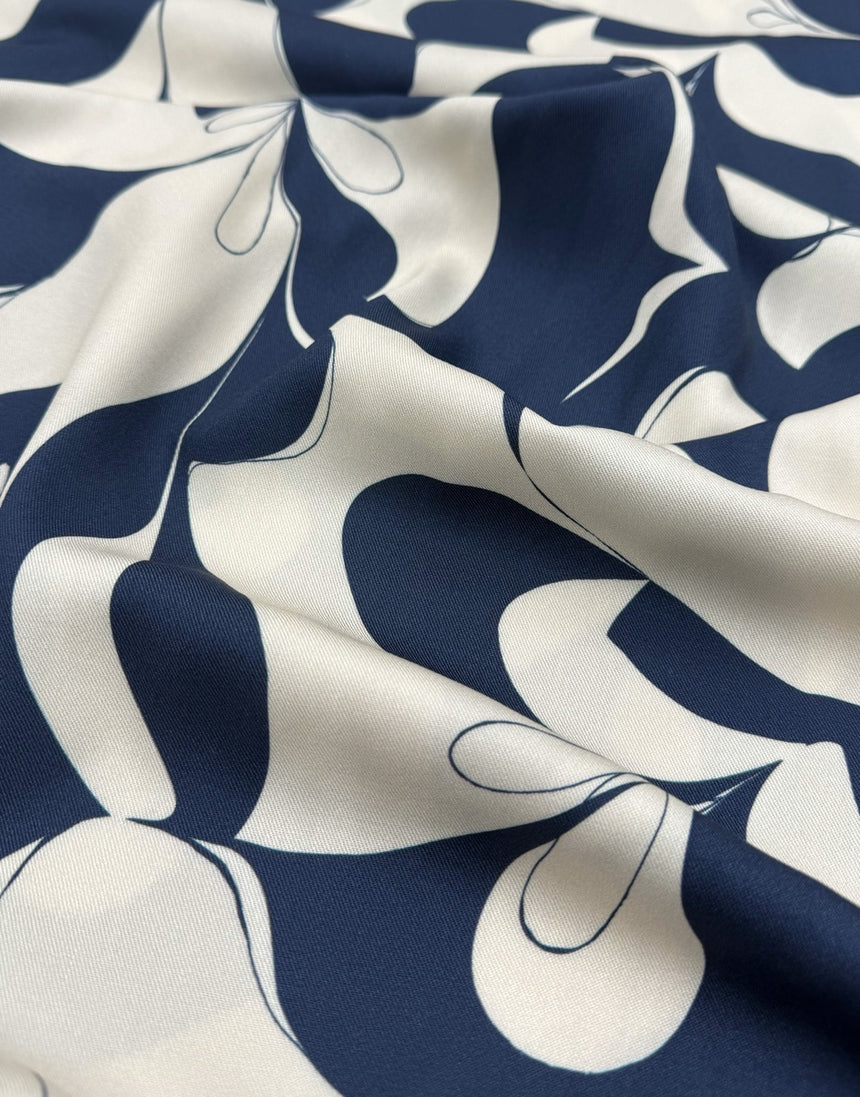 Navy & Ivory Abstract Botanical Viscose Fabric