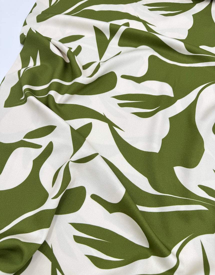 Olive Green & Ivory Abstract Floral Viscose Fabric