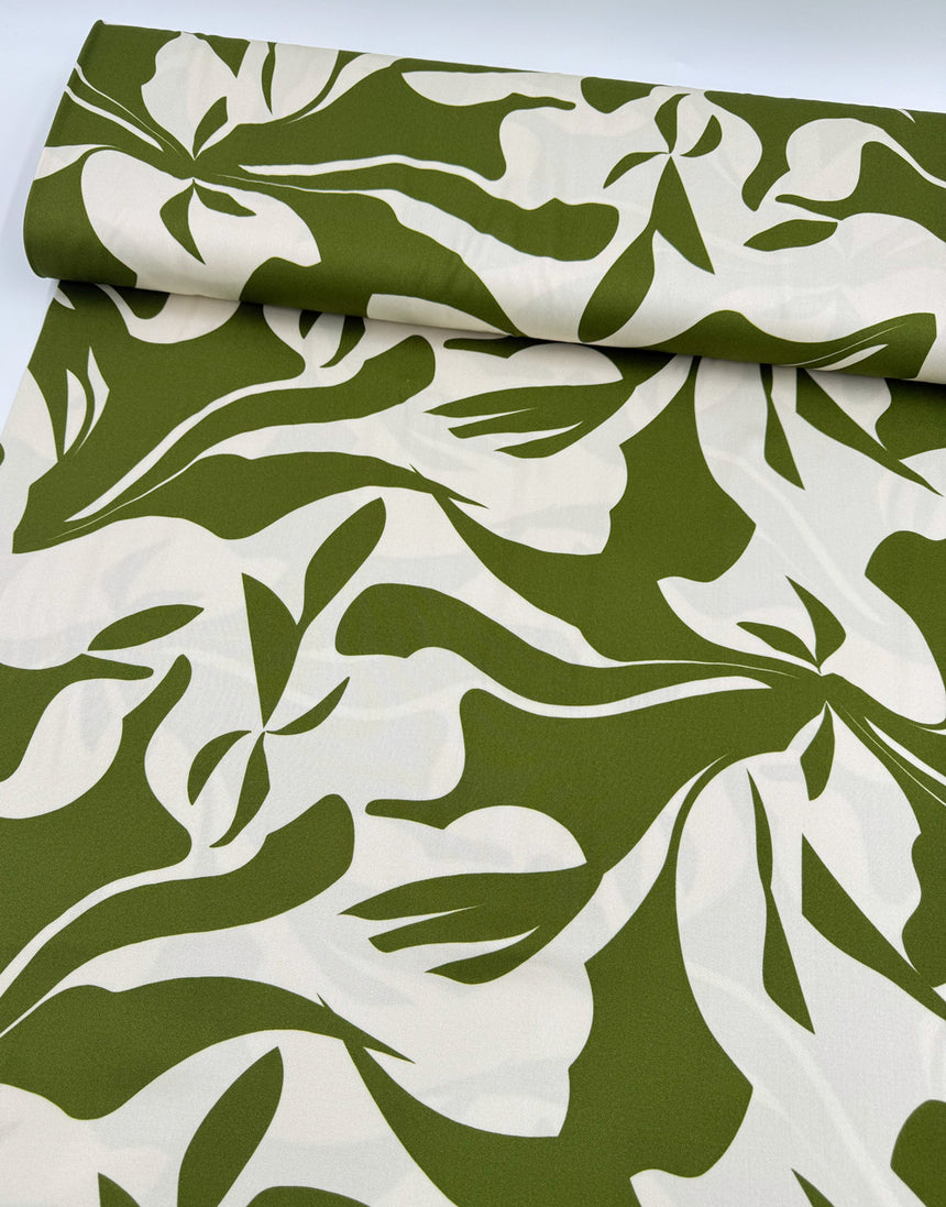 Olive Green & Ivory Abstract Floral Viscose Fabric