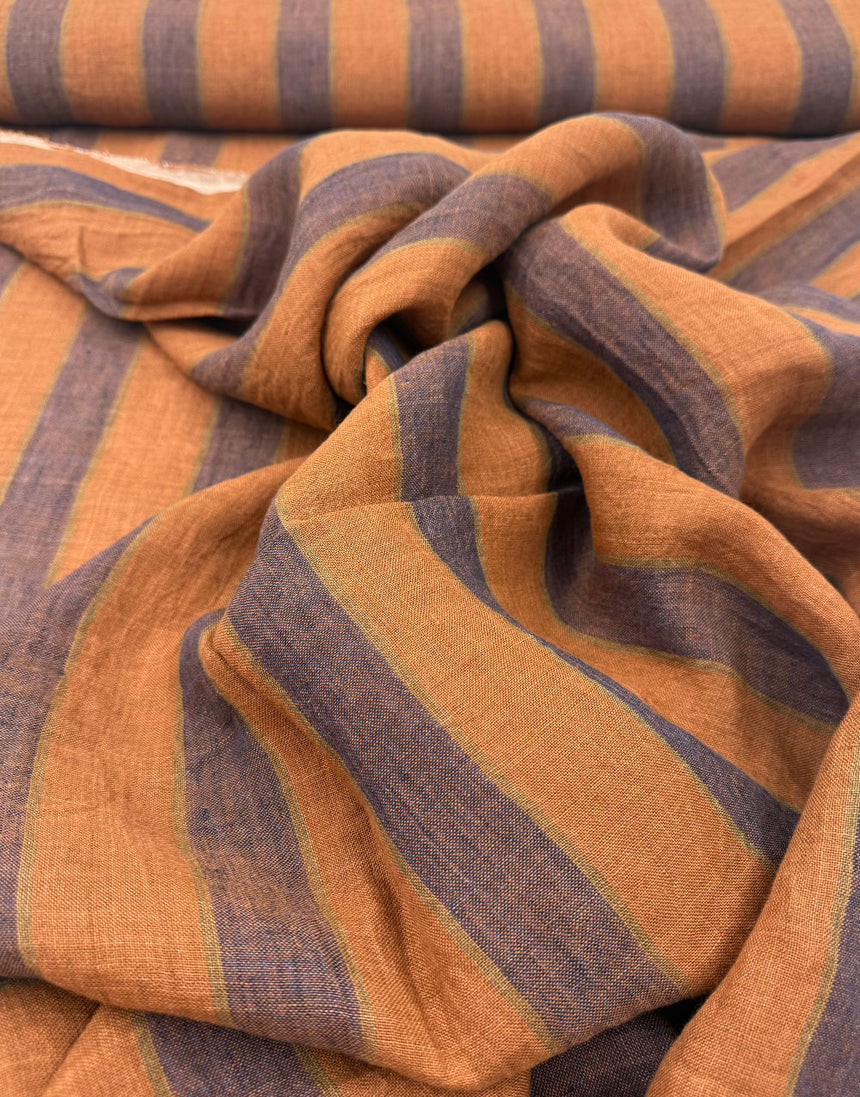 Napoli Linen Broad Stripe Fabric, Orange & Plum