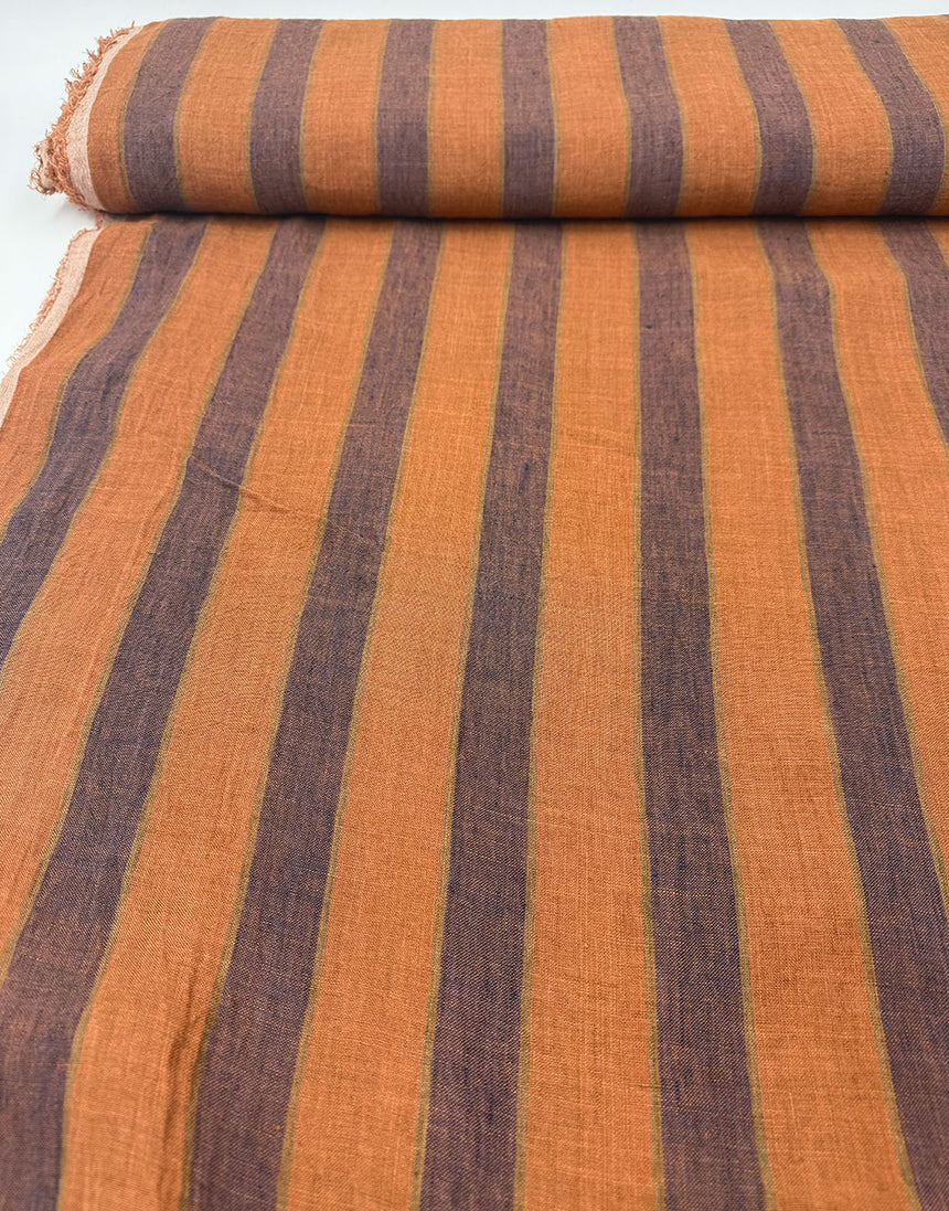 Napoli Linen Broad Stripe Fabric, Orange & Plum