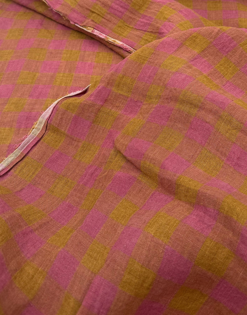 Tropea Washed Linen Check Fabric, Ochre & Pink