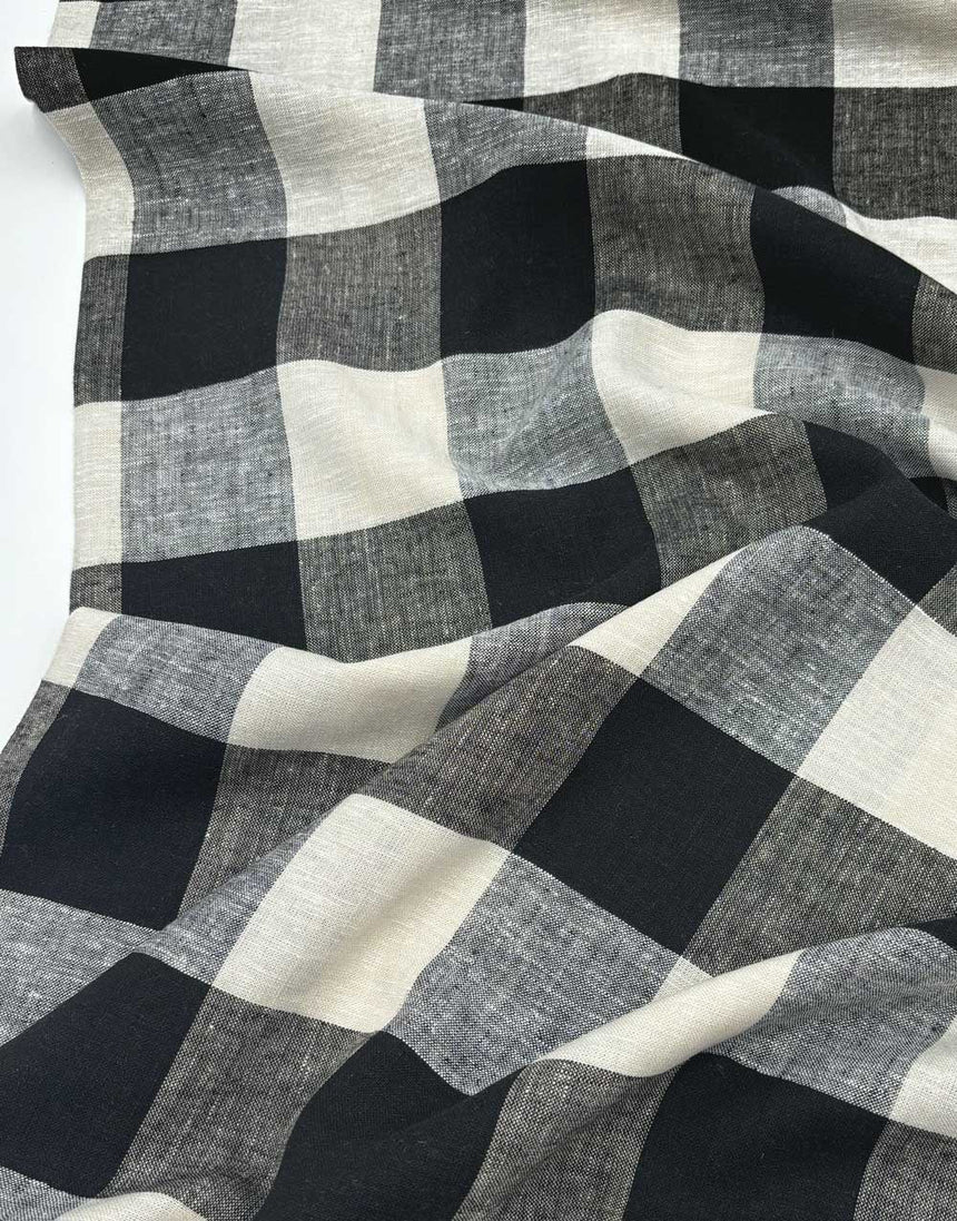 Remnant 1.45m - Black Large Check Linen Viscose Fabric