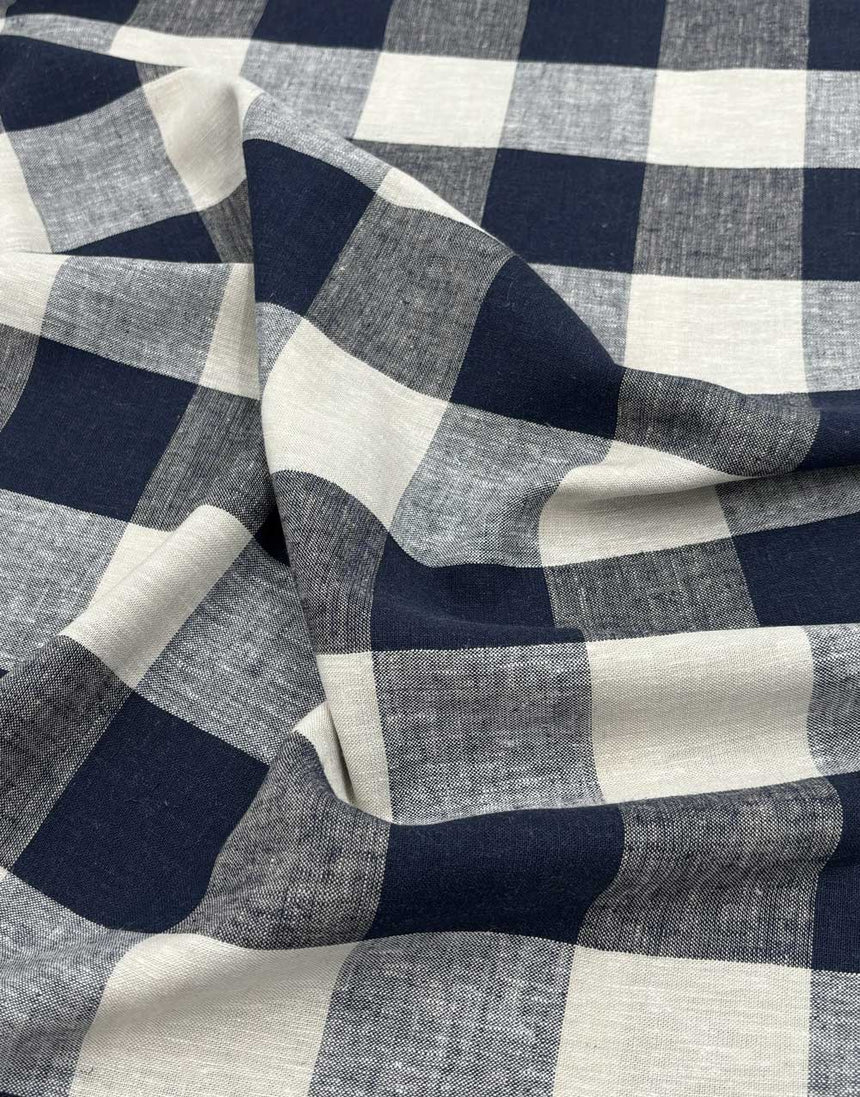 Navy Large Check Linen Viscose Fabric