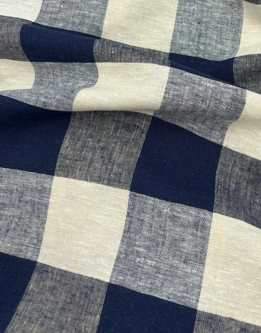 Navy Large Check Linen Viscose Fabric