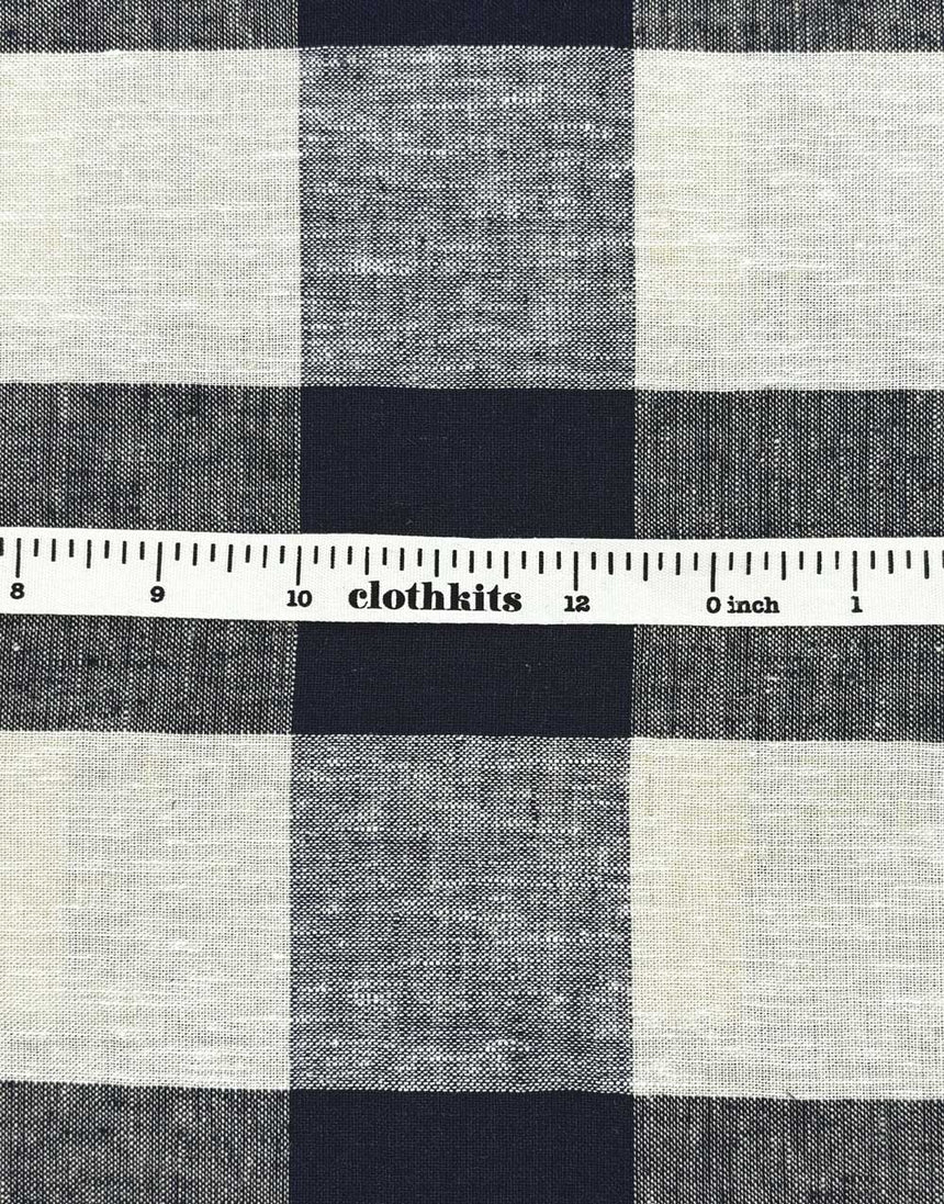 Navy Large Check Linen Viscose Fabric