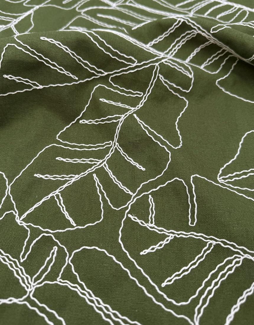 Olive Linework Embroidered Linen Viscose Fabric