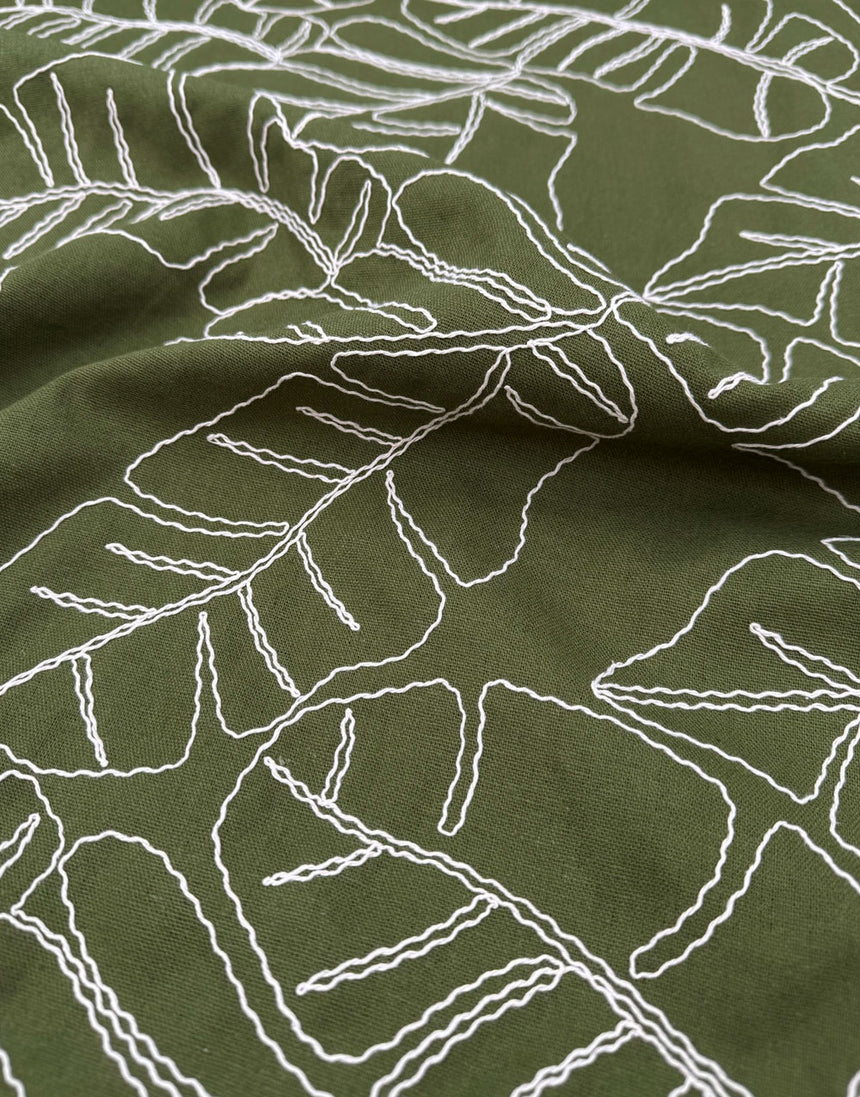 Olive Linework Embroidered Linen Viscose Fabric