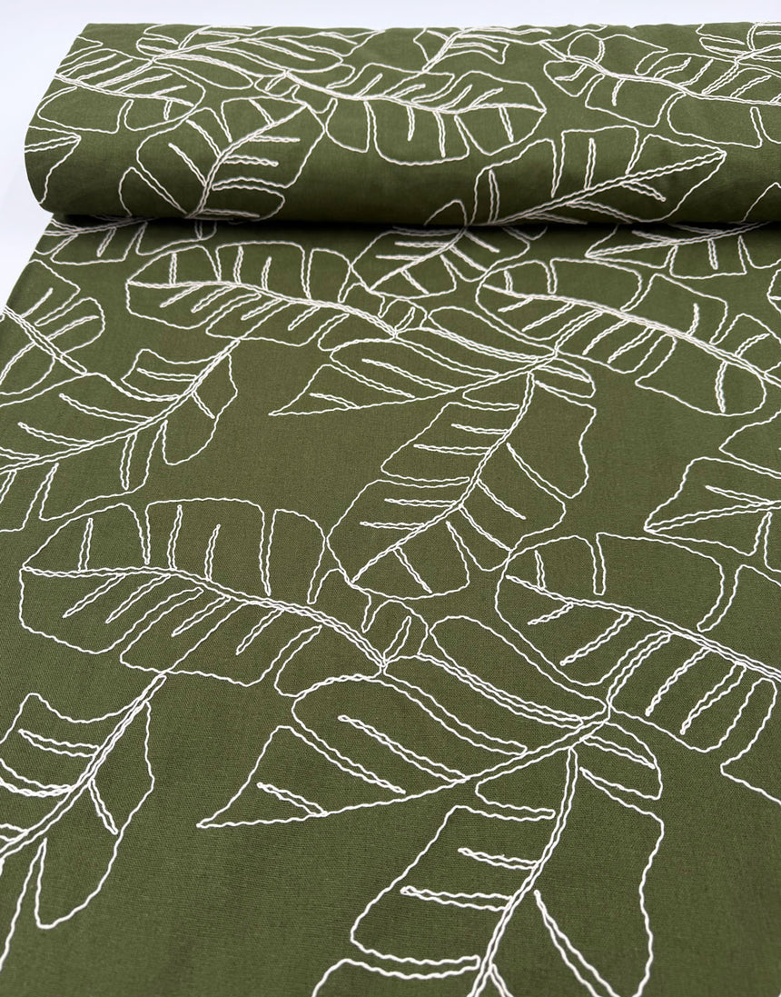 Olive Linework Embroidered Linen Viscose Fabric