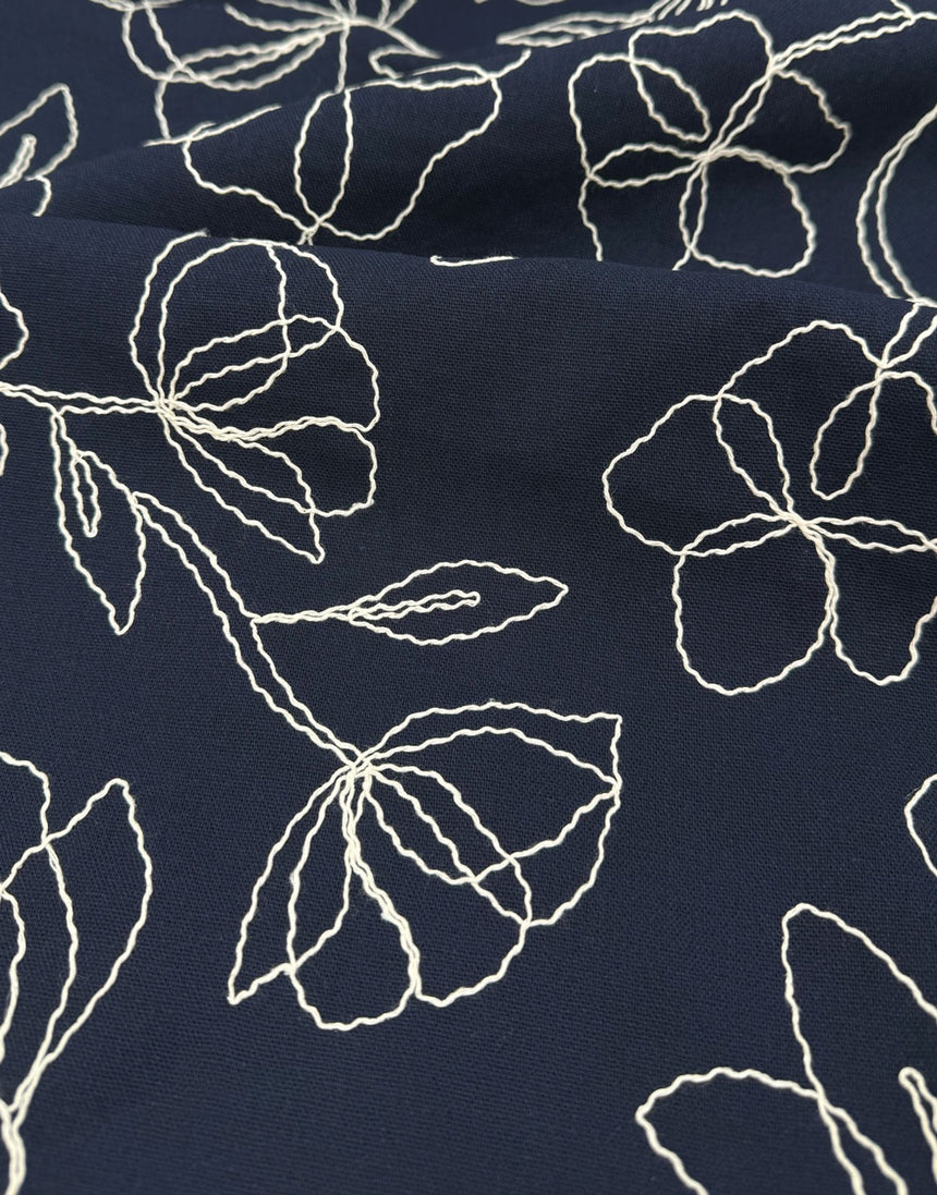 Navy Linework Embroidered Linen Viscose Fabric
